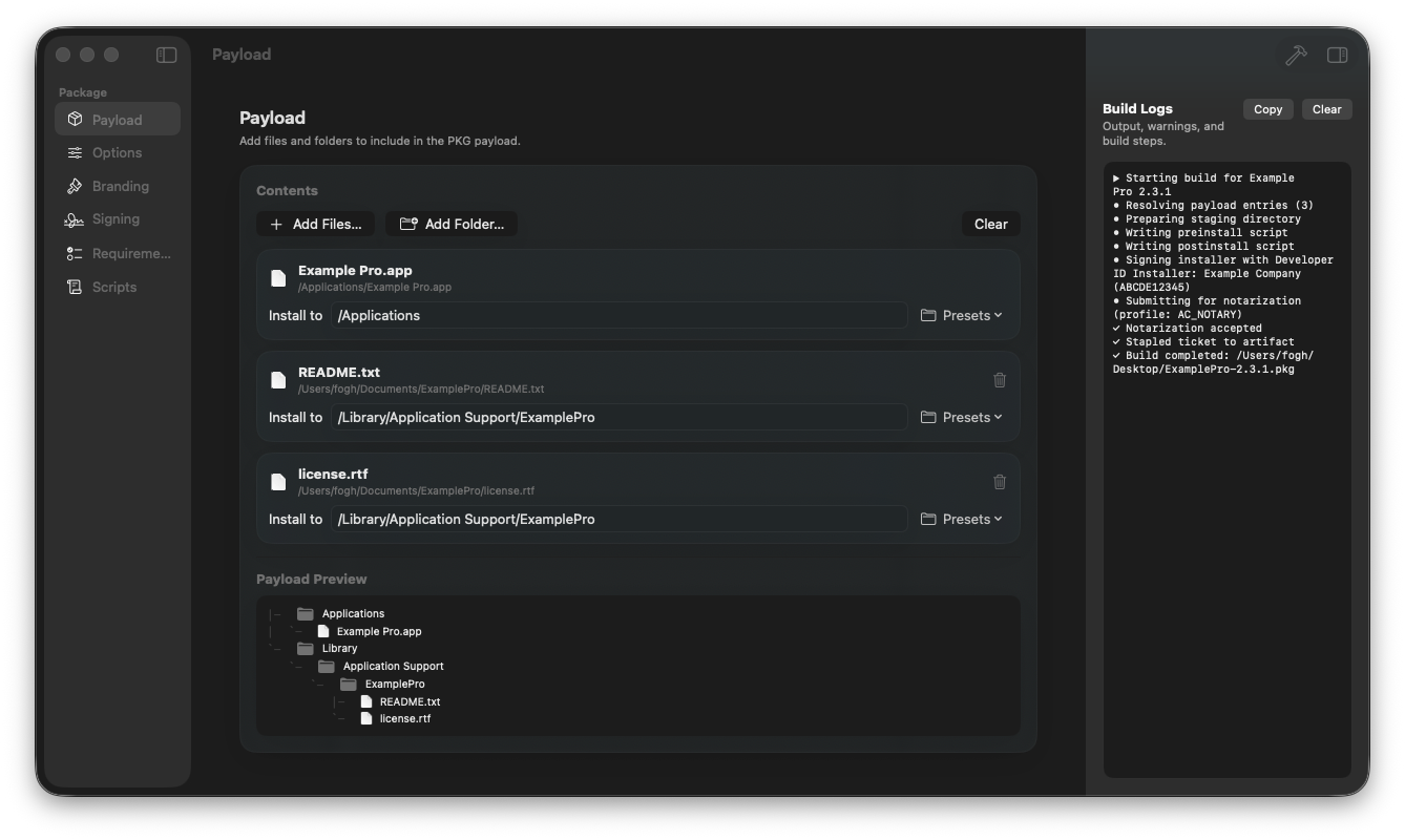 PKGSmith project window in a macOS-style frame